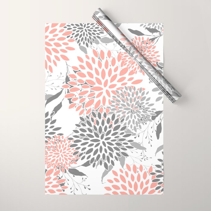 Festive, Floral Prints, Leaves and Blooms, Coral and Gray Wrapping Paper Gallery Image 1
