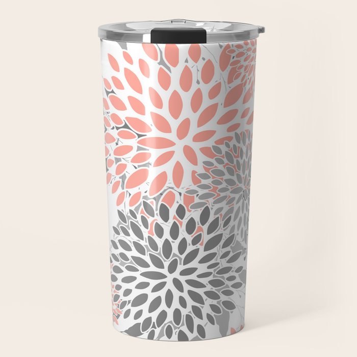 Festive, Floral Prints, Leaves and Blooms, Coral and Gray Travel Mug Gallery Image 1