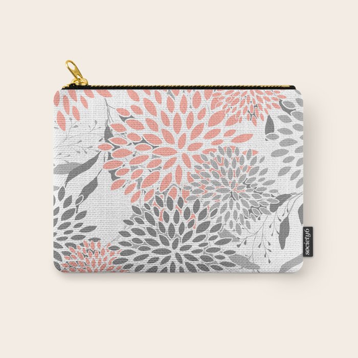 Festive, Floral Prints, Leaves and Blooms, Coral and Gray Carry All Pouch Gallery Image 1
