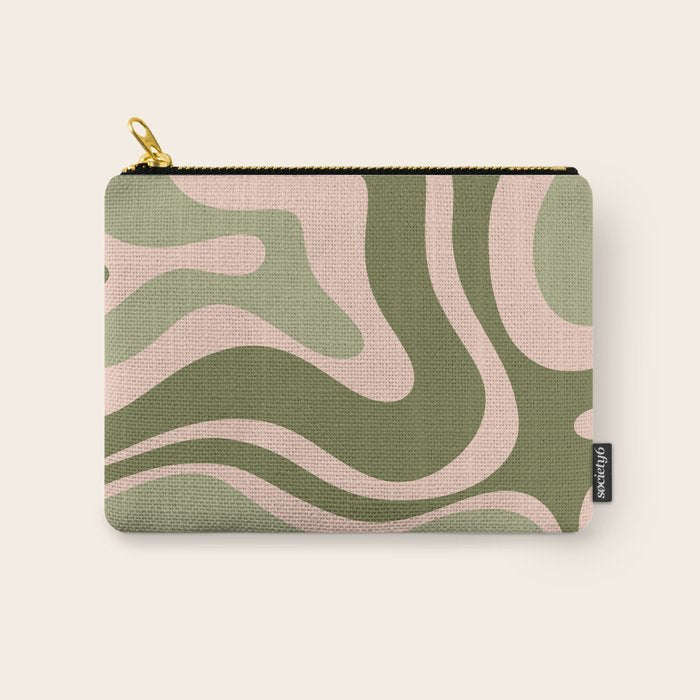 Modern Retro Liquid Swirl Abstract Pattern Sage Olive Green and Pale Blush Pink Carry All Pouch Gallery Image 1