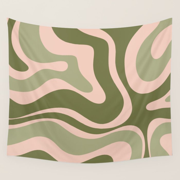 Modern Retro Liquid Swirl Abstract Pattern Sage Olive Green and Pale Blush Pink Wall Tapestry Gallery Image 4
