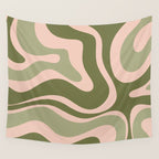 Modern Retro Liquid Swirl Abstract Pattern Sage Olive Green and Pale Blush Pink Wall Tapestry Gallery Image 4