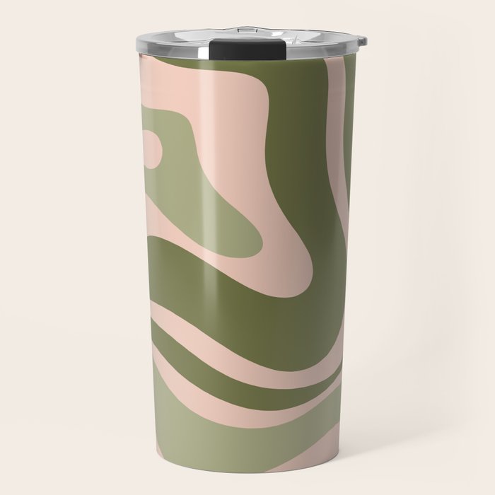 Modern Retro Liquid Swirl Abstract Pattern Sage Olive Green and Pale Blush Pink Travel Mug Gallery Image 1