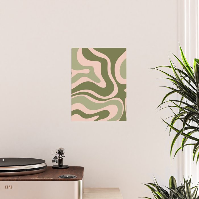 Modern Retro Liquid Swirl Abstract Pattern Sage Olive Green and Pale Blush Pink Poster Gallery Image 2