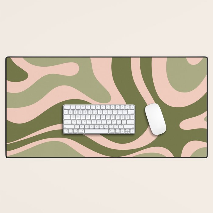 Modern Retro Liquid Swirl Abstract Pattern Sage Olive Green and Pale Blush Pink Desk Mat Gallery Image 1
