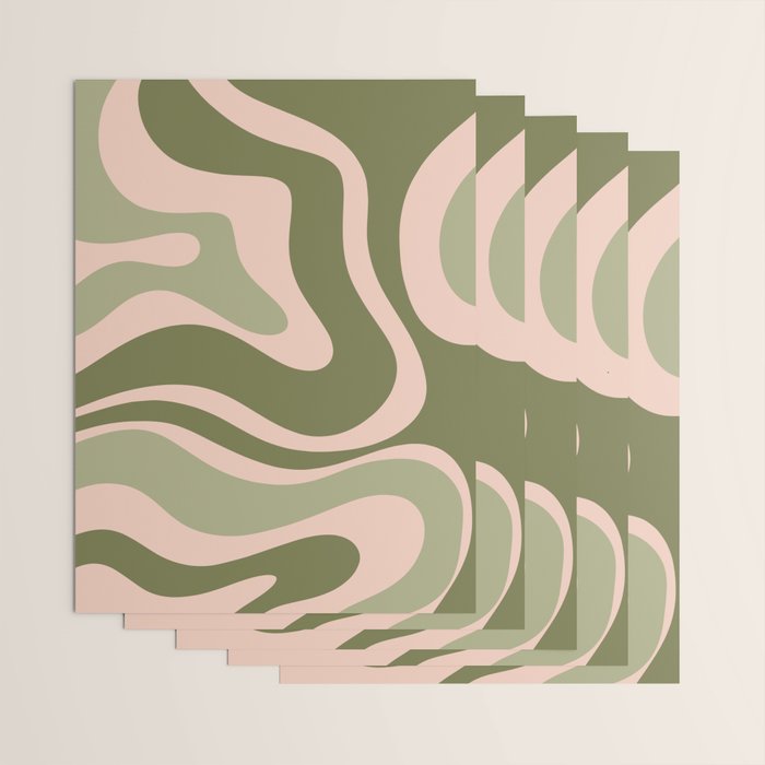 Modern Retro Liquid Swirl Abstract Pattern Sage Olive Green and Pale Blush Pink Wrapping Paper Gallery Image 3