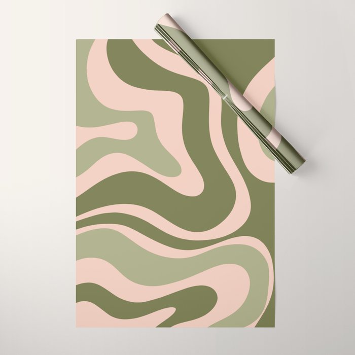 Modern Retro Liquid Swirl Abstract Pattern Sage Olive Green and Pale Blush Pink Wrapping Paper Gallery Image 1