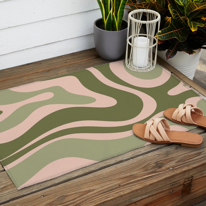 Modern Retro Liquid Swirl Abstract Pattern Sage Olive Green and Pale Blush Pink Outdoor Rug Gallery Image 2