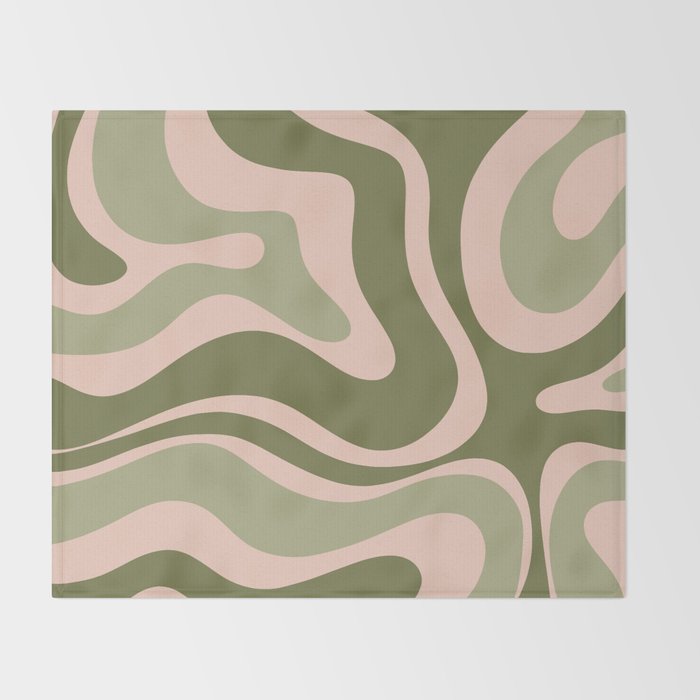 Modern Retro Liquid Swirl Abstract Pattern Sage Olive Green and Pale Blush Pink Throw Blanket Gallery Image 2