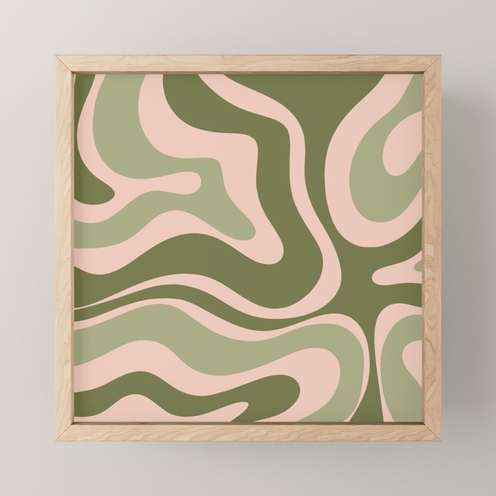 Modern Retro Liquid Swirl Abstract Pattern Sage Olive Green and Pale Blush Pink Mini Art Print Gallery Image 1
