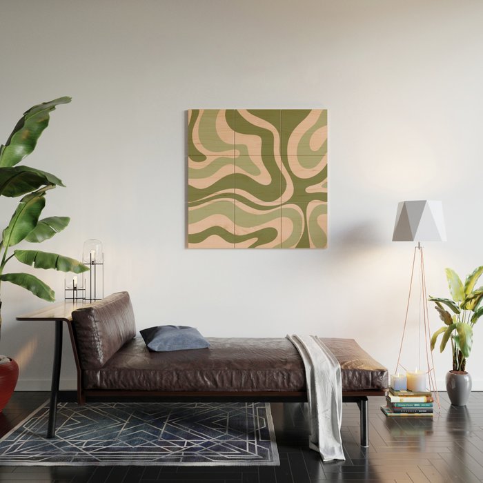 Modern Retro Liquid Swirl Abstract Pattern Sage Olive Green and Pale Blush Pink Wood Wall Art Gallery Image 2