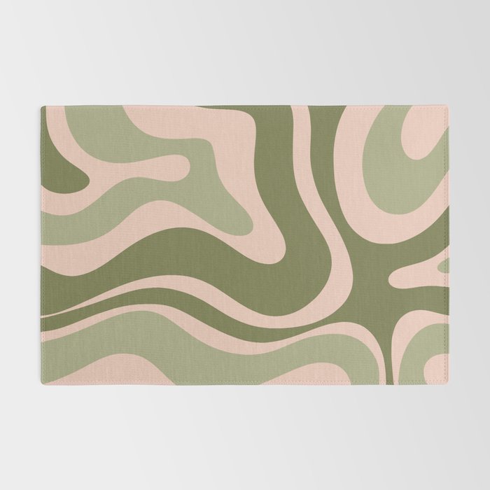 Modern Retro Liquid Swirl Abstract Pattern Sage Olive Green and Pale Blush Pink Rug Gallery Image 2