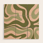 Modern Retro Liquid Swirl Abstract Pattern Sage Olive Green and Pale Blush Pink Wood Wall Art Gallery Image 1