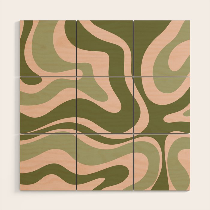 Modern Retro Liquid Swirl Abstract Pattern Sage Olive Green and Pale Blush Pink Wood Wall Art Gallery Image 1