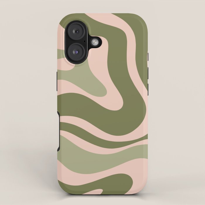 Modern Retro Liquid Swirl Abstract Pattern Sage Olive Green and Pale Blush Pink iPhone Case Gallery Image 1