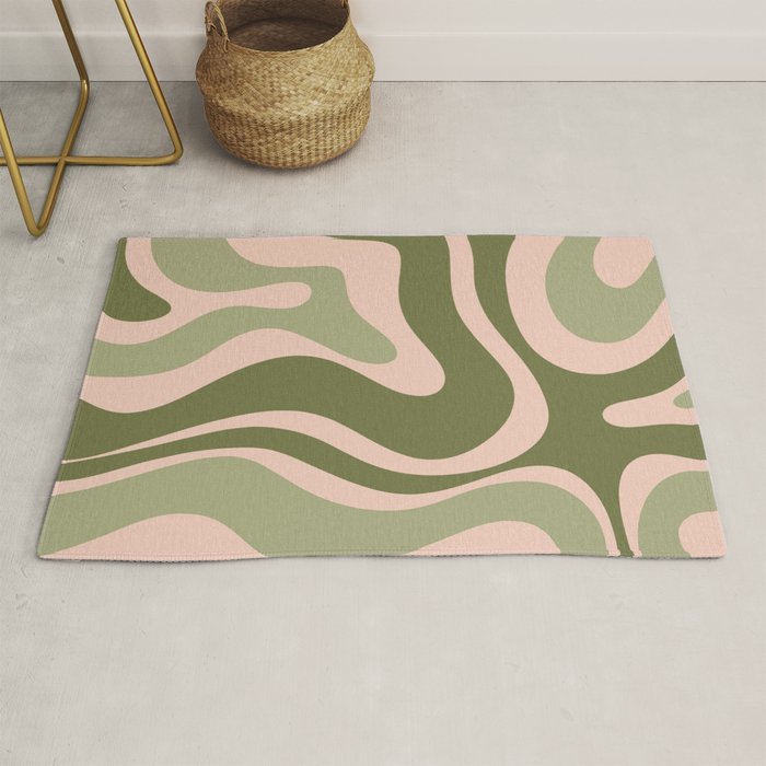 Modern Retro Liquid Swirl Abstract Pattern Sage Olive Green and Pale Blush Pink Rug Gallery Image 1