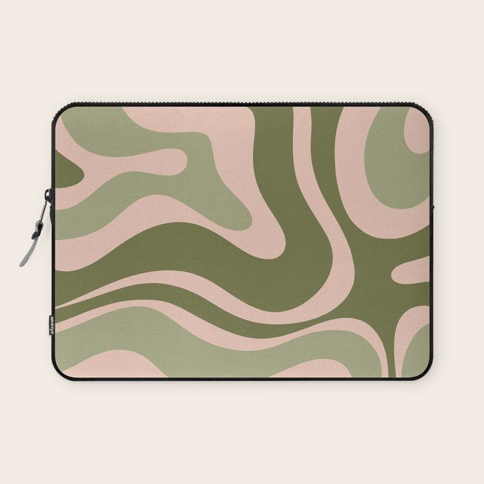 Modern Retro Liquid Swirl Abstract Pattern Sage Olive Green and Pale Blush Pink Laptop Sleeve Gallery Image 1