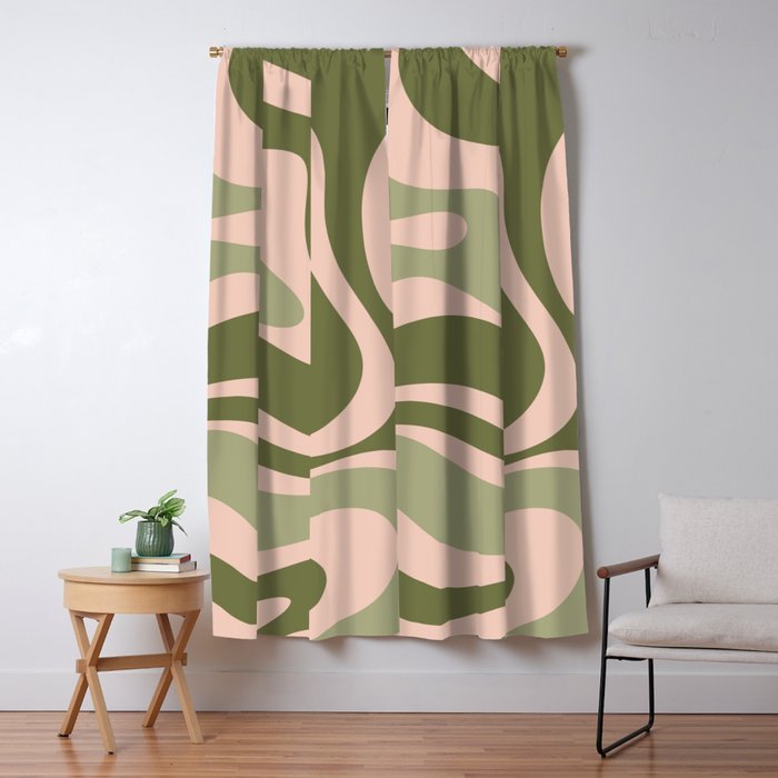 Modern Retro Liquid Swirl Abstract Pattern Sage Olive Green and Pale Blush Pink Window Curtain Gallery Image 5