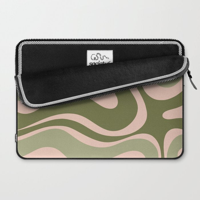 Modern Retro Liquid Swirl Abstract Pattern Sage Olive Green and Pale Blush Pink Laptop Sleeve Gallery Image 2