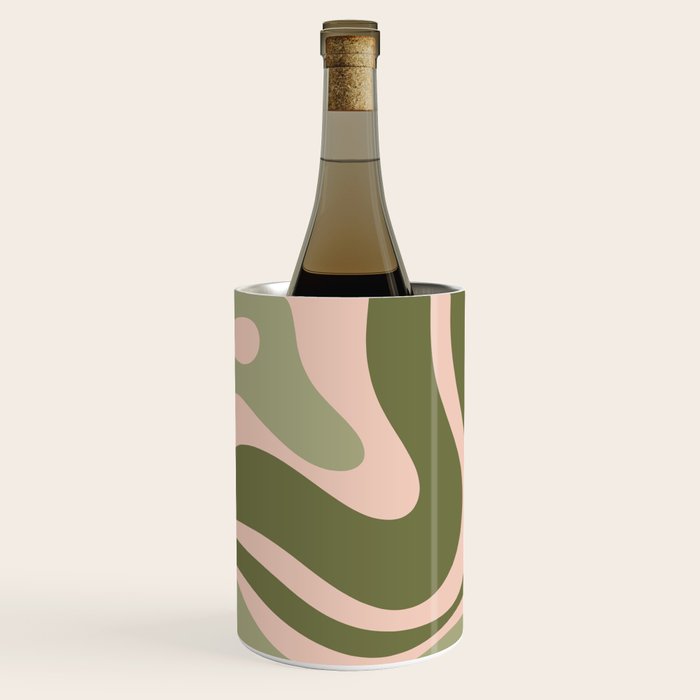 Modern Retro Liquid Swirl Abstract Pattern Sage Olive Green and Pale Blush Pink Wine Chiller Gallery Image 1
