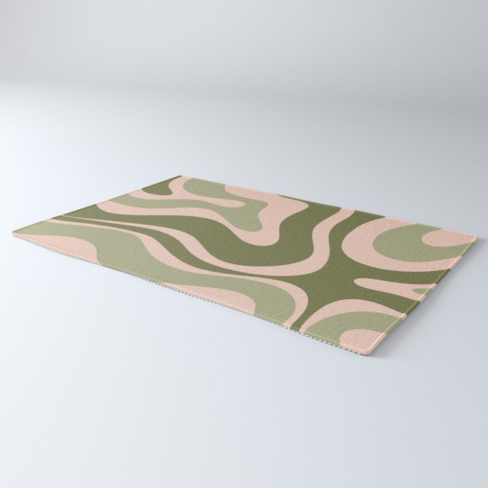 Modern Retro Liquid Swirl Abstract Pattern Sage Olive Green and Pale Blush Pink Rug Gallery Image 3