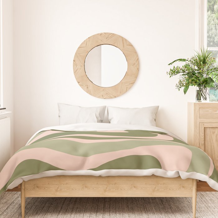 Modern Retro Liquid Swirl Abstract Pattern Sage Olive Green and Pale Blush Pink Duvet Cover Gallery Image 3