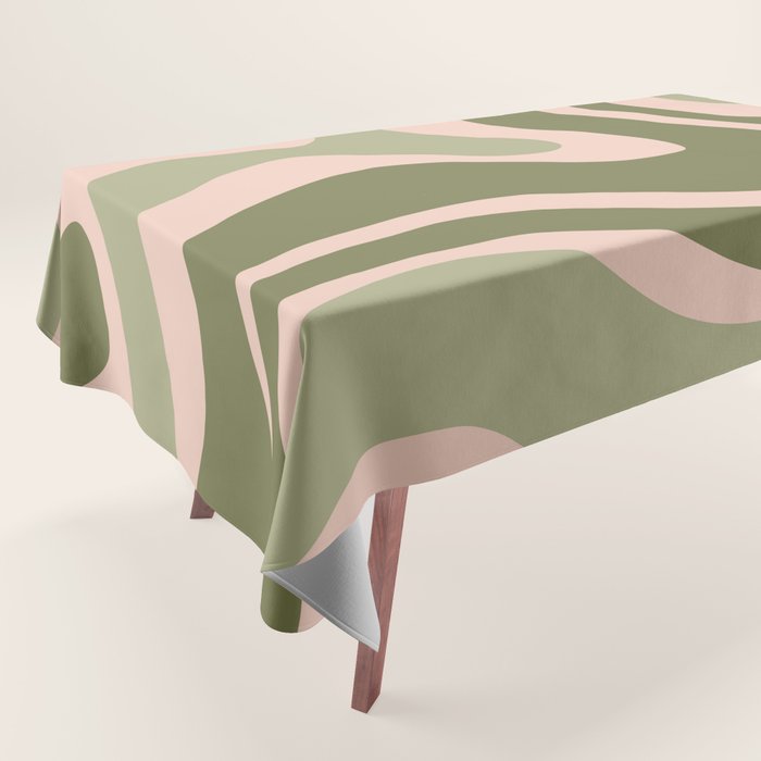 Modern Retro Liquid Swirl Abstract Pattern Sage Olive Green and Pale Blush Pink Tablecloth Gallery Image 1