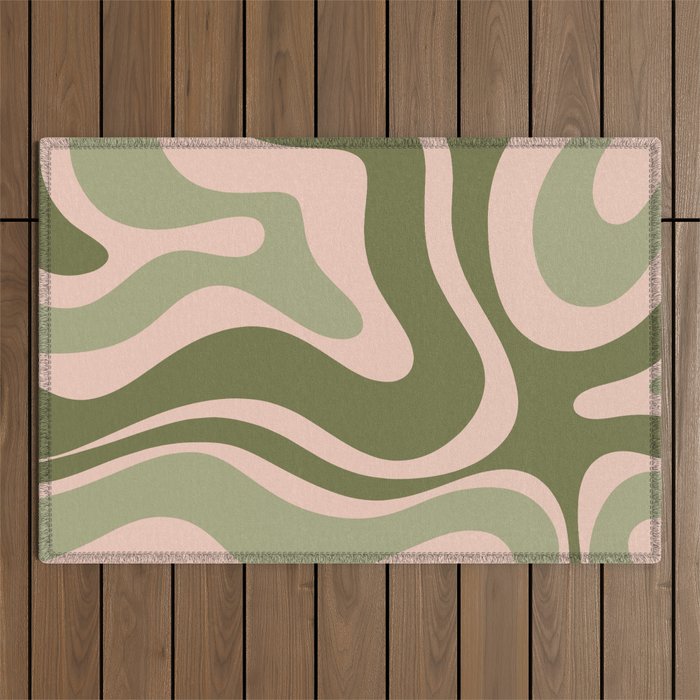 Modern Retro Liquid Swirl Abstract Pattern Sage Olive Green and Pale Blush Pink Outdoor Rug Gallery Image 1
