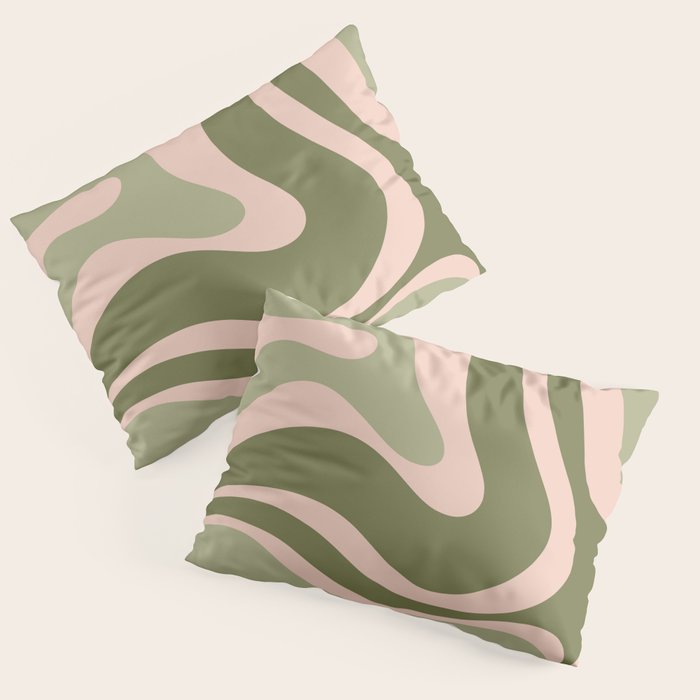 Modern Retro Liquid Swirl Abstract Pattern Sage Olive Green and Pale Blush Pink Pillow Sham Gallery Image 1