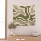 Modern Retro Liquid Swirl Abstract Pattern Sage Olive Green and Pale Blush Pink Wall Tapestry Gallery Image 2