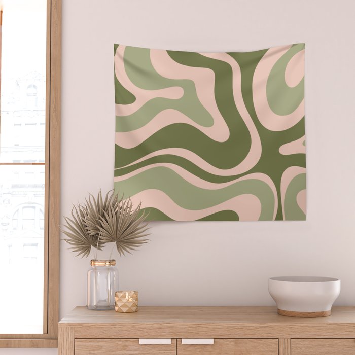 Modern Retro Liquid Swirl Abstract Pattern Sage Olive Green and Pale Blush Pink Wall Tapestry Gallery Image 2