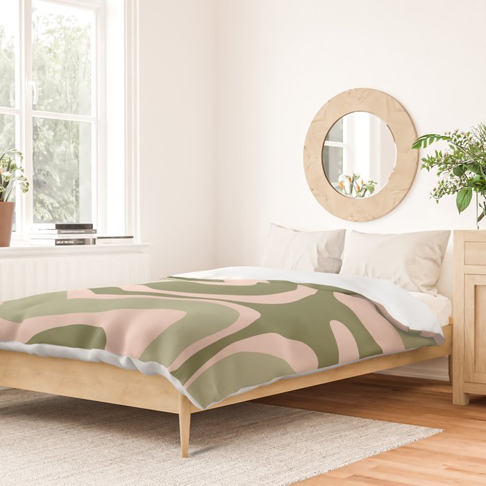 Modern Retro Liquid Swirl Abstract Pattern Sage Olive Green and Pale Blush Pink Duvet Cover Gallery Image 2