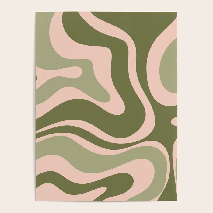 Modern Retro Liquid Swirl Abstract Pattern Sage Olive Green and Pale Blush Pink Poster Gallery Image 4