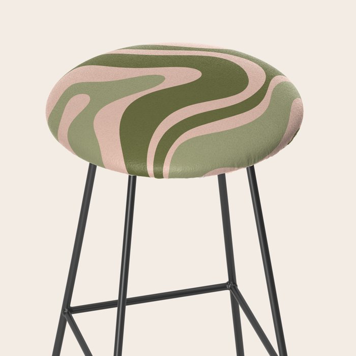 Modern Retro Liquid Swirl Abstract Pattern Sage Olive Green and Pale Blush Pink Stool Gallery Image 2