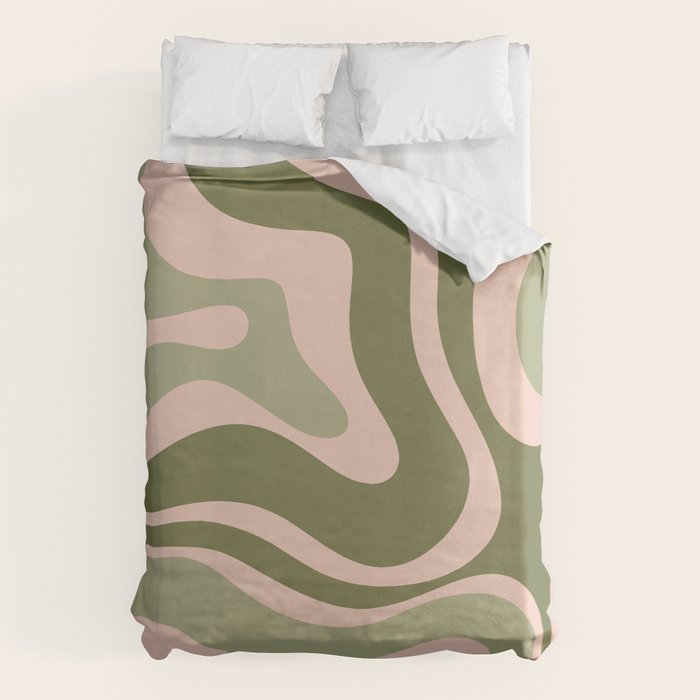 Modern Retro Liquid Swirl Abstract Pattern Sage Olive Green and Pale Blush Pink Duvet Cover Gallery Image 6
