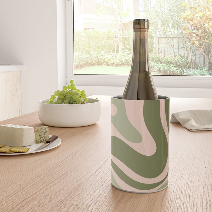 Modern Retro Liquid Swirl Abstract Pattern Sage Olive Green and Pale Blush Pink Wine Chiller Gallery Image 4