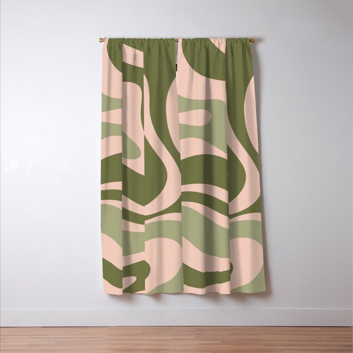 Modern Retro Liquid Swirl Abstract Pattern Sage Olive Green and Pale Blush Pink Window Curtain Gallery Image 3