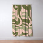 Modern Retro Liquid Swirl Abstract Pattern Sage Olive Green and Pale Blush Pink Window Curtain Gallery Image 3