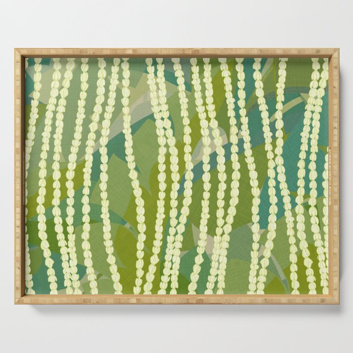 Pikake Lei strands over textured banana leaves Serving Tray Gallery Image 1