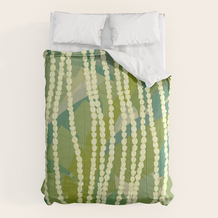 Pikake Lei strands over textured banana leaves Comforter Gallery Image 1