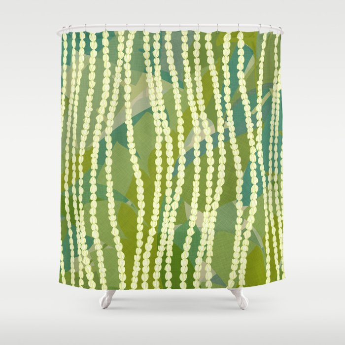 Pikake Lei strands over textured banana leaves Shower Curtain
