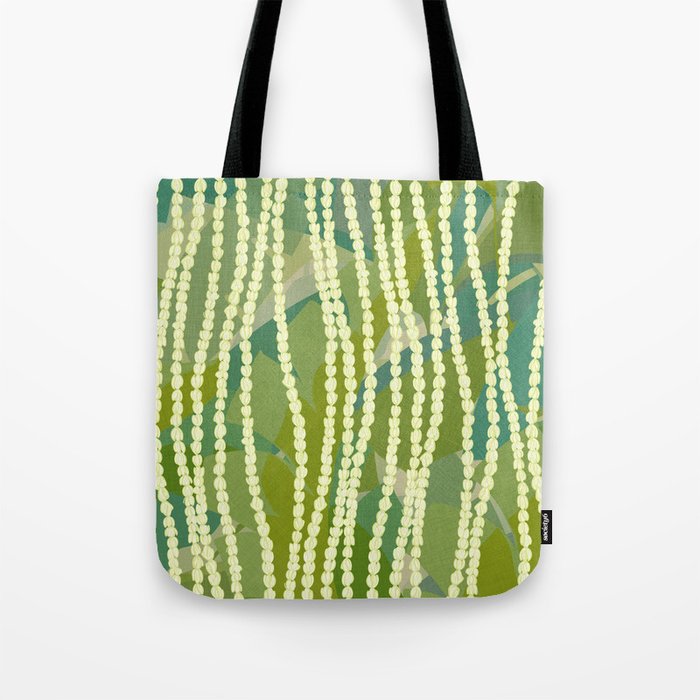 Pikake Lei strands over textured banana leaves Tote Bag Gallery Image 1