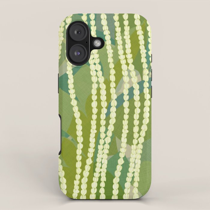 Pikake Lei strands over textured banana leaves iPhone Case Gallery Image 1
