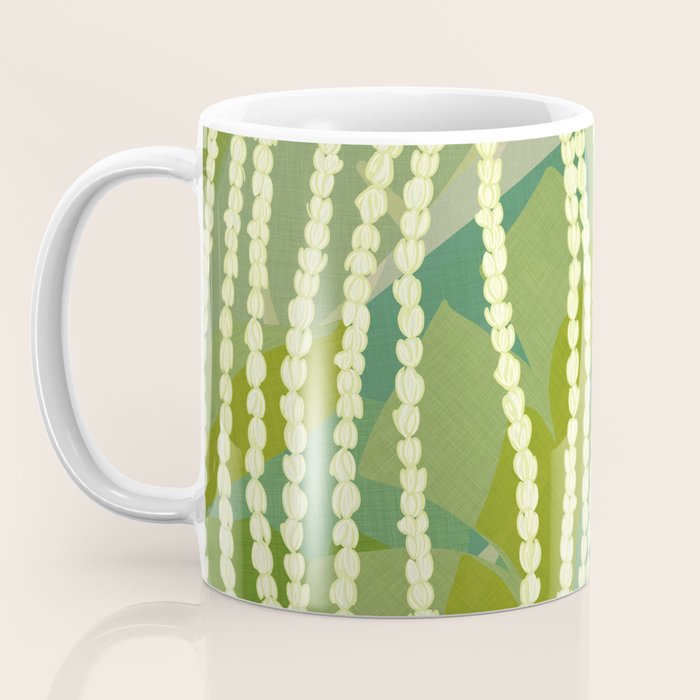 Pikake Lei strands over textured banana leaves Coffee Mug Gallery Image 3