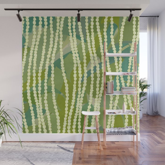 Pikake Lei strands over textured banana leaves Wall Mural Gallery Image 1