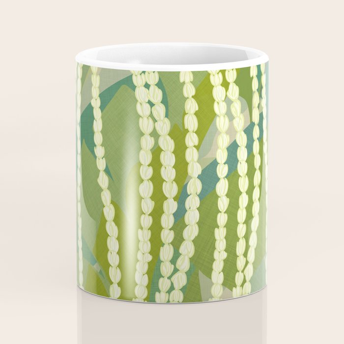 Pikake Lei strands over textured banana leaves Coffee Mug Gallery Image 4
