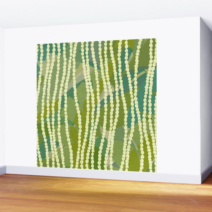 Pikake Lei strands over textured banana leaves Wall Mural Gallery Image 2