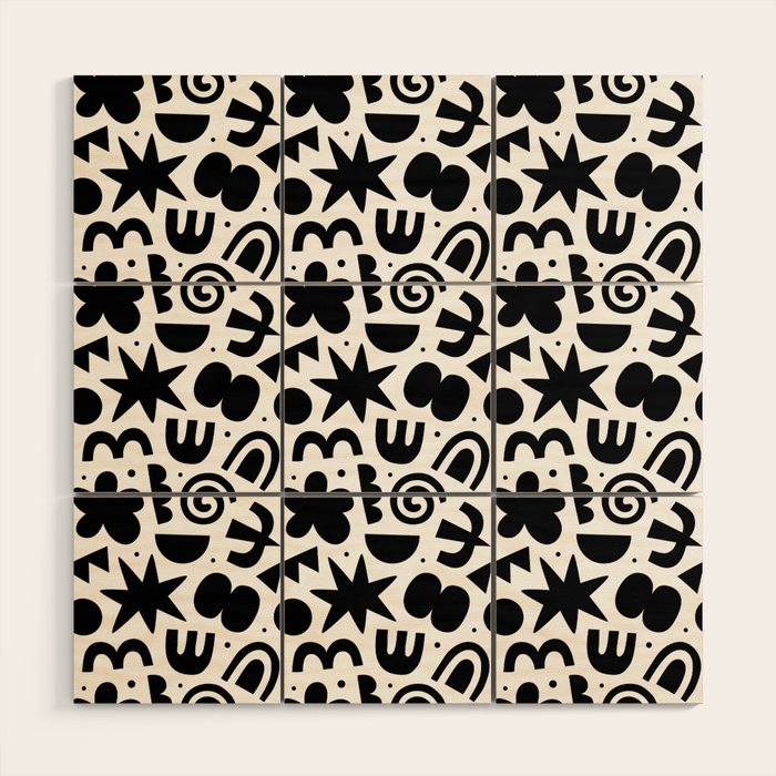 Black abstract organic shape doodle pattern Wood Wall Art Gallery Image 1