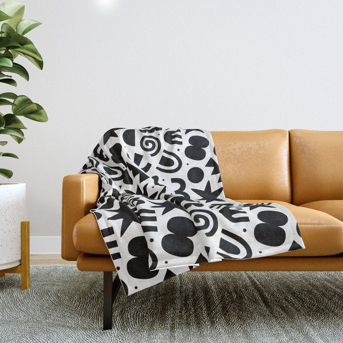 Black abstract organic shape doodle pattern Throw Blanket Gallery Image 1