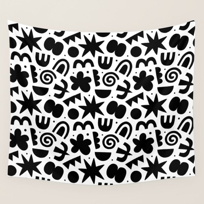 Black abstract organic shape doodle pattern Wall Tapestry Gallery Image 4